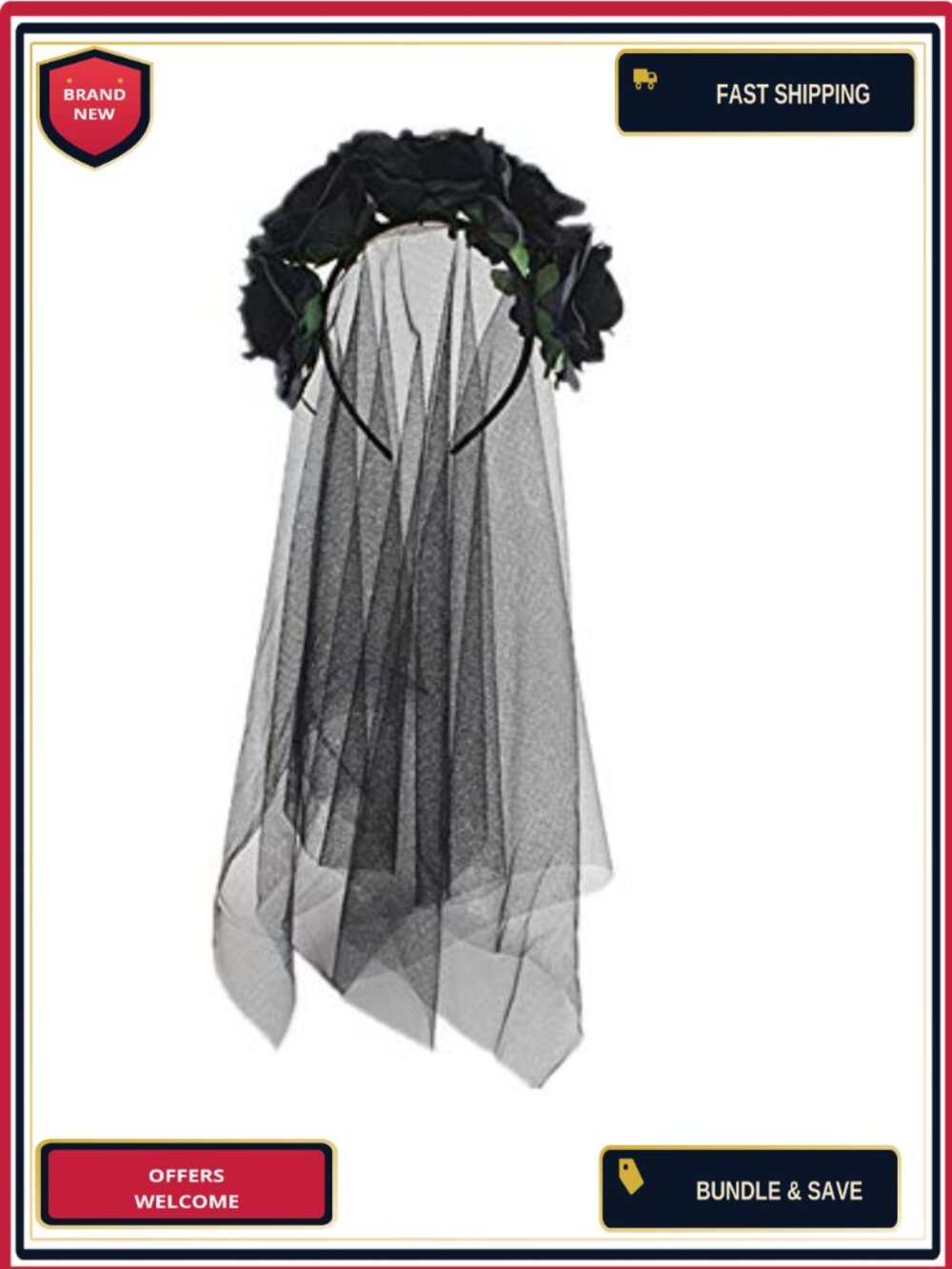 Rose Flower Headband with Black Veil Halloween Cosplay Bride Costume Headwear